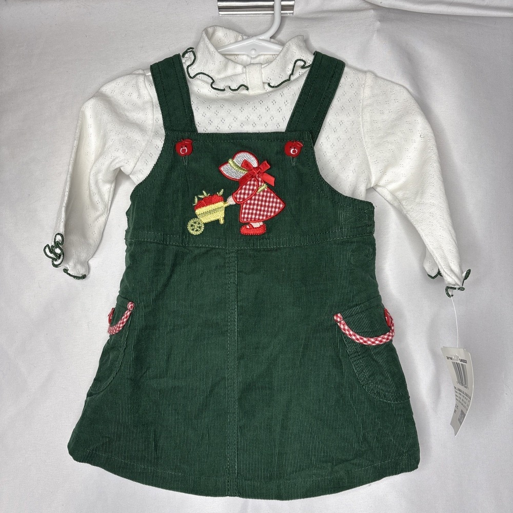 Vtg BT Kids 2pc 12 Month Corduroy Dress & Turtleneck‎ Green Apple Cottage Core
